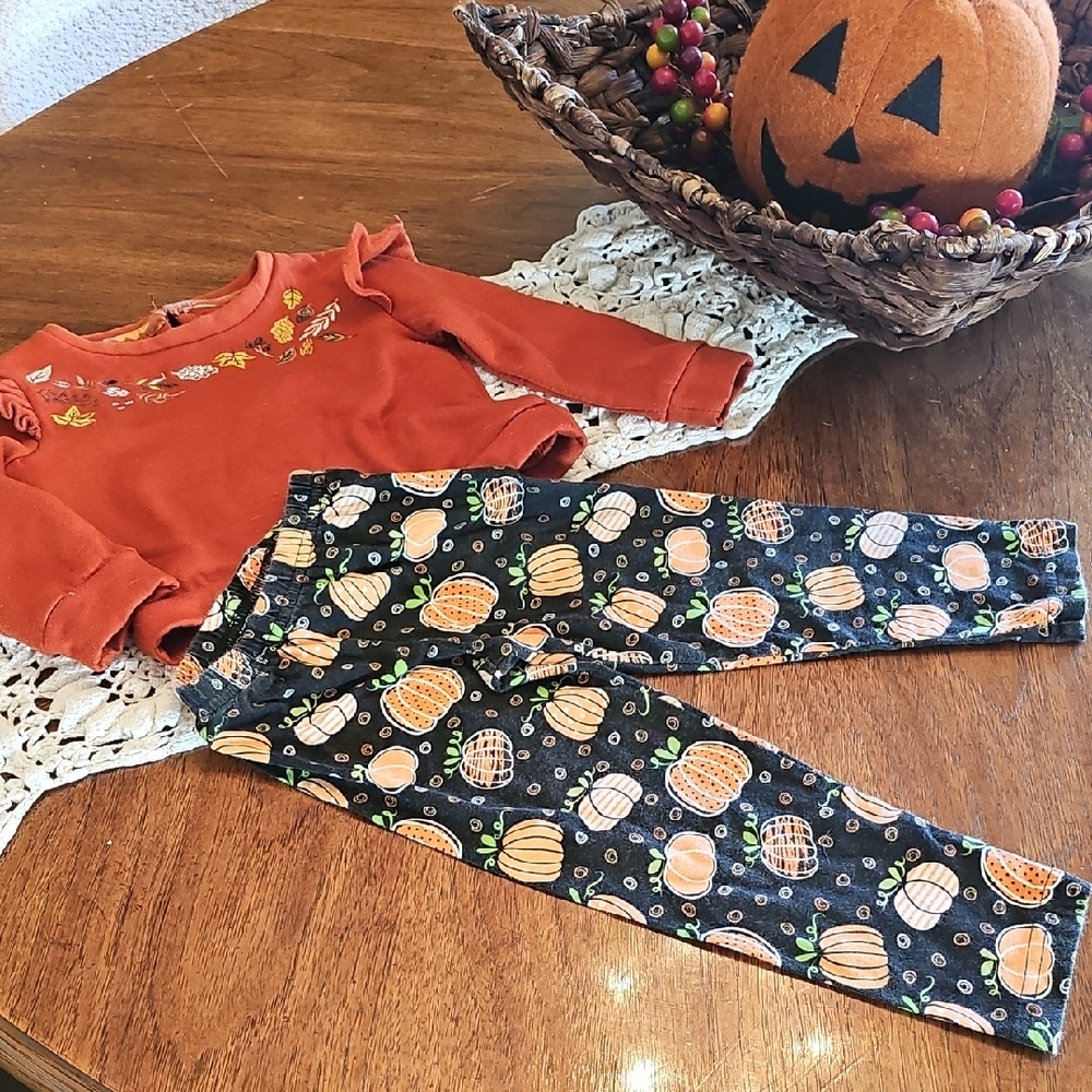 Orange Rust Girls Pumpkin Outfit Leaves  Sz 18 Mos. Pants 2T Fall Autumn EUC